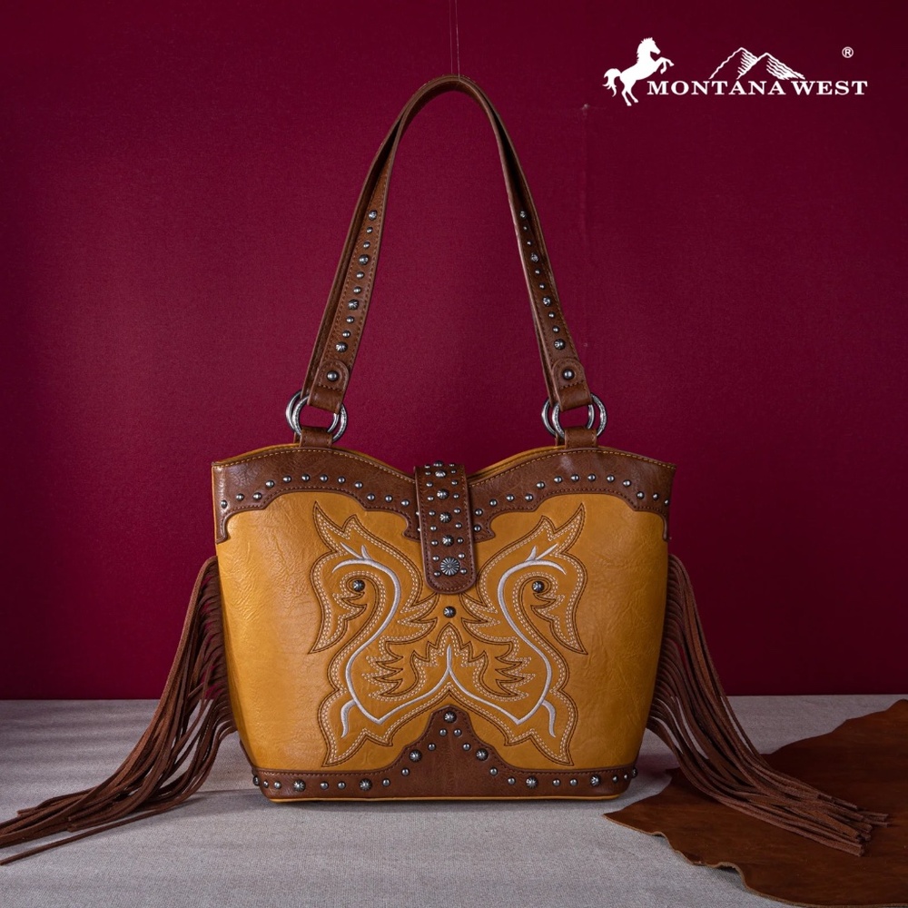 Montana West Embroidered Fringe Concealed Carry Boot Purse Tote Mustard